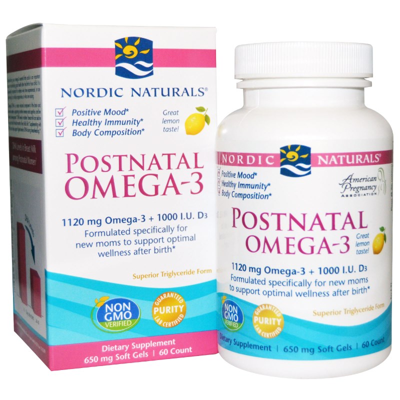 nordic naturals, postnatal omega-3, lemon, 650 mg, 60 soft gels